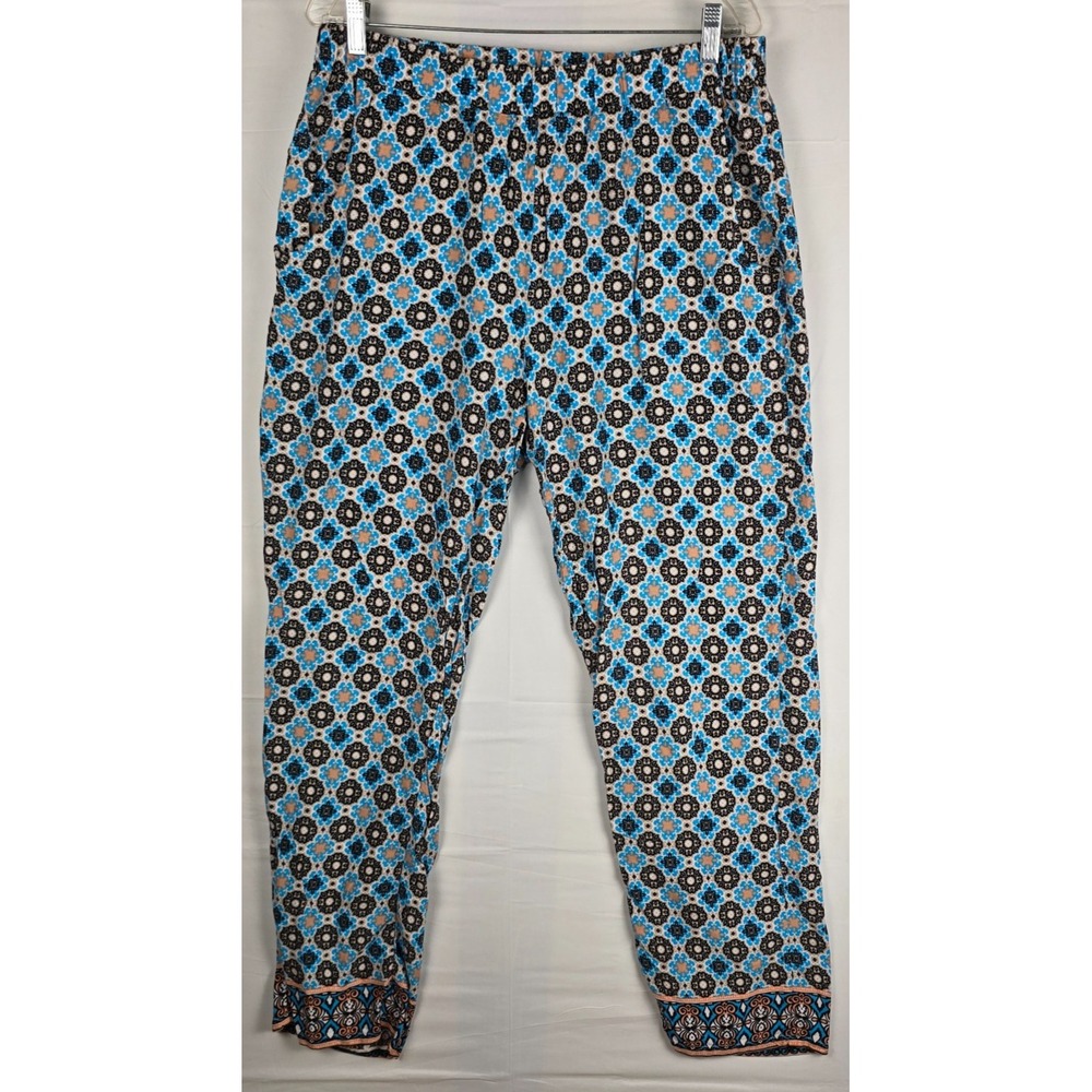 Kim Rogers Palazzo Pants Size Large Boho Floral Print Blue Beige‎ Black Rayon